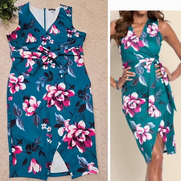 VENUS Green Tropical Print Surplice Neck Belted Fitted Dress, Size XL - Picture 1 of 9